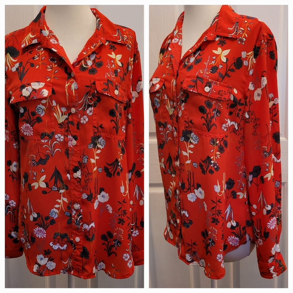 Ann Taylor LOFT Blouse Top Red Floral Medium Print Career Work Spring Summer